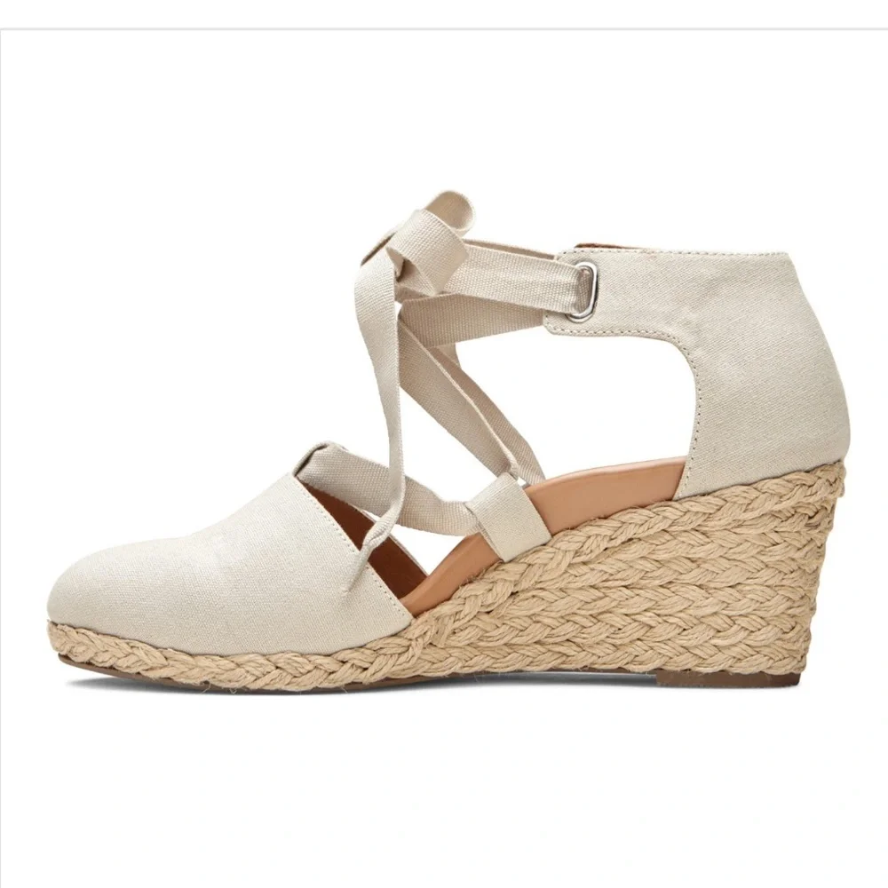 Vionic Kaitlyn Women's‎ Wedge Orthotic Sandal Oat Beige Canvas Size 8 Tie Strap